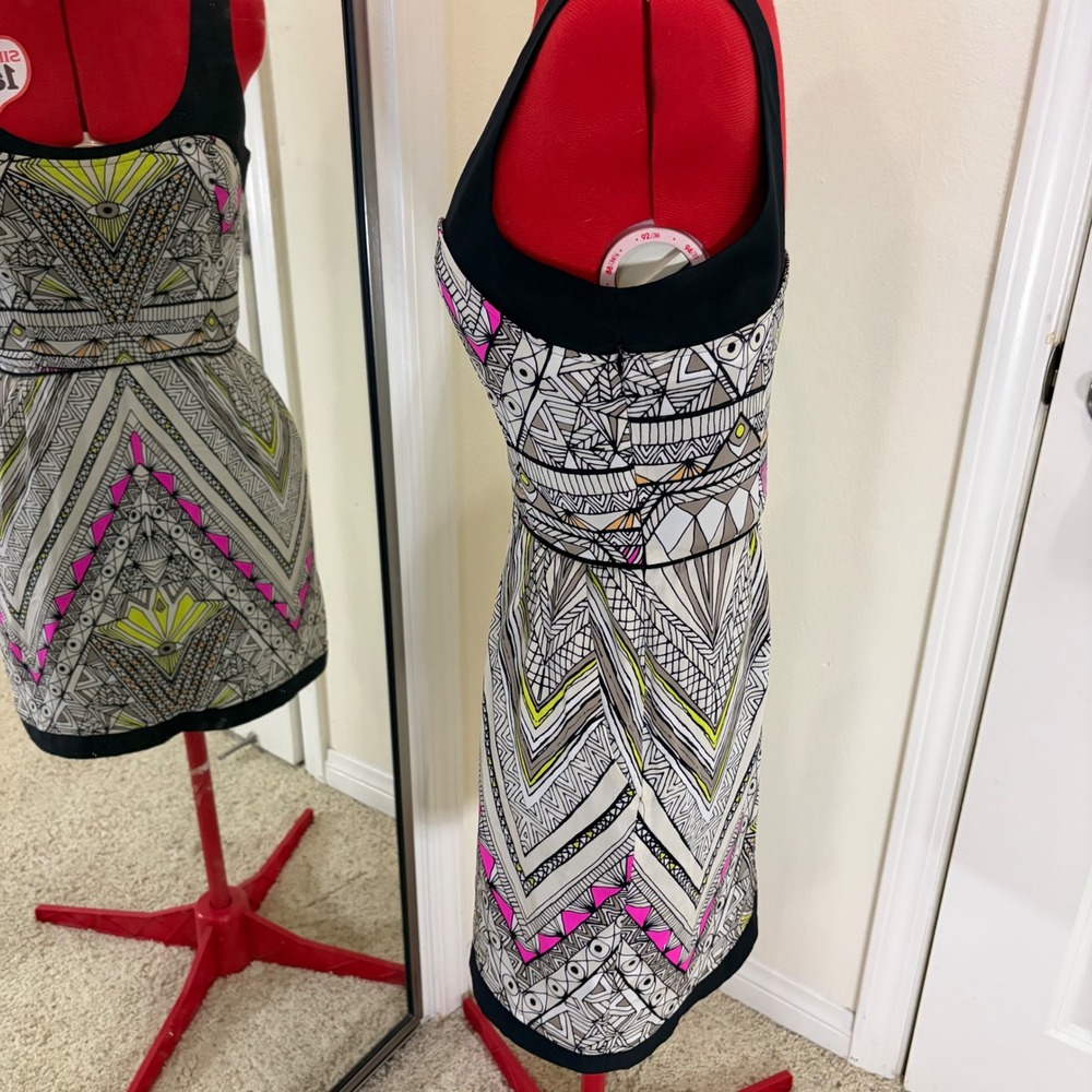 Mara Hoffman Silk Geometric Tribal Print Mini Dress Neon Pink Chartreuse Size 4 - Picture 3 of 7
